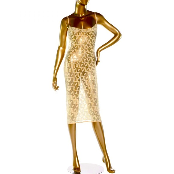 Fendi 1990s Zucca Monogram Logo Dress Sheer Nylon Lace Maxi Bodycon Slip Dress - Picture 16 of 17
